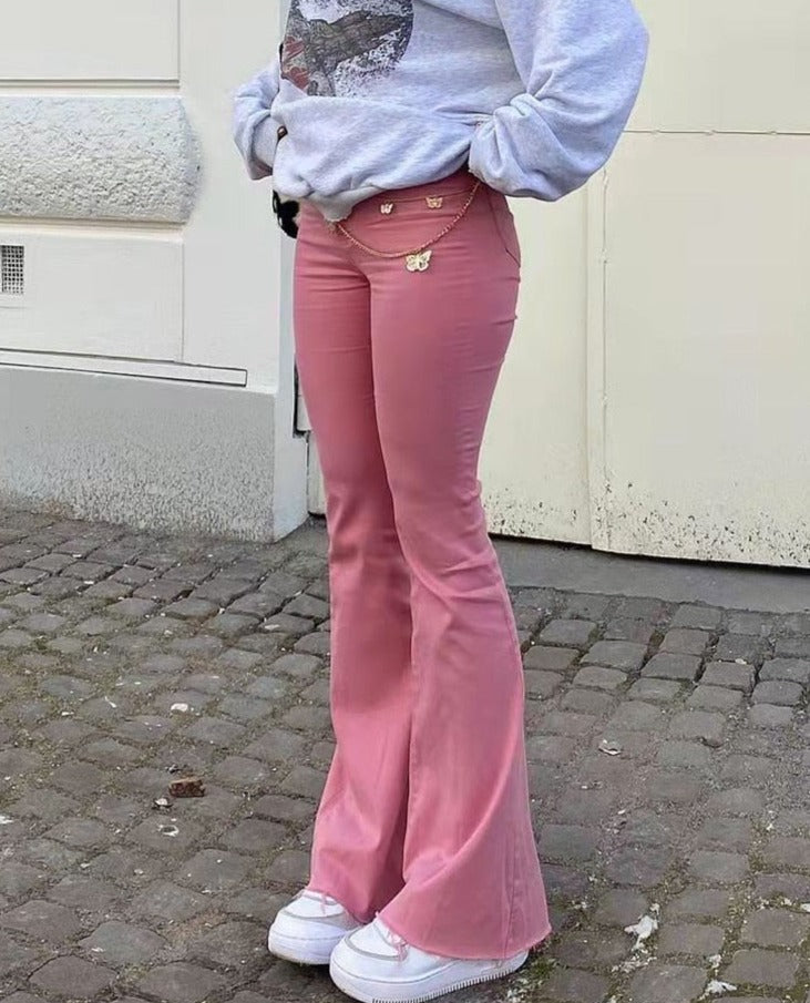 Cyflymder Streetwear Y2k Flared Jeans Women High Waist 90S Fashion Pink Stretch Baggy Mom Jeans Wide Leg Pants Elegant Denim Trousers
