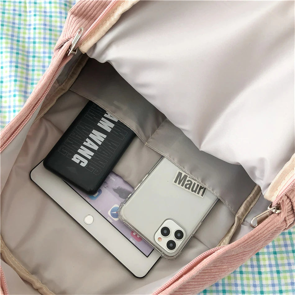 Cyflymder  Stripe Corduroy Woman Backpack Purse Simple School Bag for Teenage Girls Female Travel Bagpack Kawaii Student Book Bag Rucksack