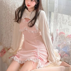 Cyflymder Sweet Style Japanese Pink Lolita Dress Women Cute Lace Bow Princess Dress Korean Fashion Autumn Girly Kawaii Party Mini Dresses