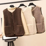 Cyflymder Vests New Spring Autumn Women Button Waistcoat Lamb Hair Winter Thermal Warm Thick Fleece Vests Sleeveless Jacket Ladies Coats