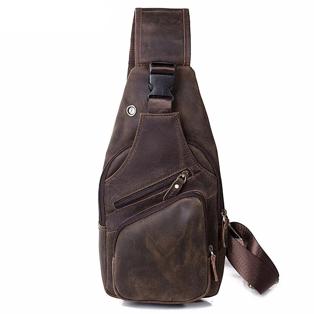 Cyflymder Men Original Crazy horse Leather Casual Triangle Crossbody Chest Sling Bag Design Travel One Shoulder Bag Daypack Male