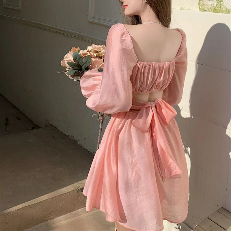 Cyflymder Pink Sweet Elegant Princess Dress Women Casual Korean Slim Long Sleeve Fairy Dress Female Backless Design Vintage Dress 2021 New