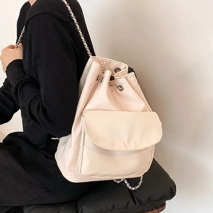 Cyflymder Kpop Nylon women Backpack Fashion chain Bucket Shoulder Bag small Travel female Backpacks bagpack Daypack black white Softback