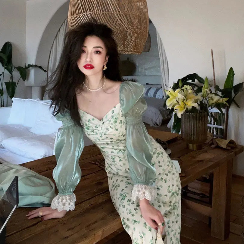 Cyflymder  Korean Summer Chiffon Lace Floral Dress Elegant Party One Piece Dress Women Green Puff Sleeve Vintage Midi Dress New