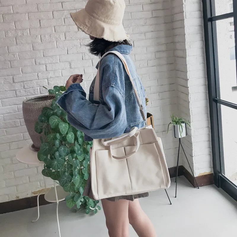 Cyflymder Women's Tote Bag Casual Canvas Large Capacity Shopping Female Crossbody Schoolbags Solid Shoulder Shopper Bags For Women Handbag