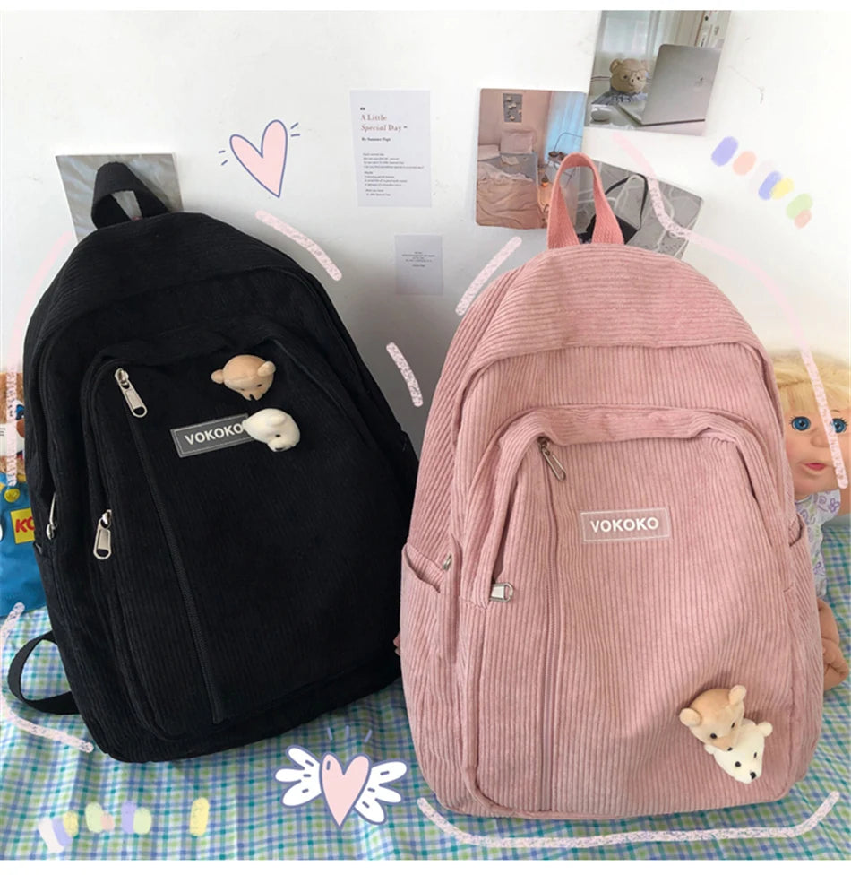 Cyflymder  Stripe Corduroy Woman Backpack Purse Simple School Bag for Teenage Girls Female Travel Bagpack Kawaii Student Book Bag Rucksack