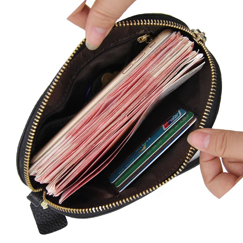 Cyflymder Genuine Leather Women Long Wallet Zipper Wristlet Bag Lady Clutches Coin Purse Cowhide Mobile Phone Bag Evening Party Handbag