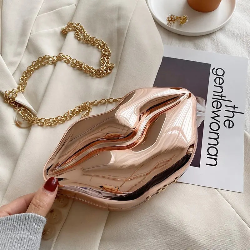 Cyflymder Women Gold Lips Clutch Bag High Quality Ladies Acrylic Chain Shoulder Bag Bolsa Evening Bag Lips Shape Purse