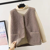 Cyflymder Vests New Spring Autumn Women Button Waistcoat Lamb Hair Winter Thermal Warm Thick Fleece Vests Sleeveless Jacket Ladies Coats