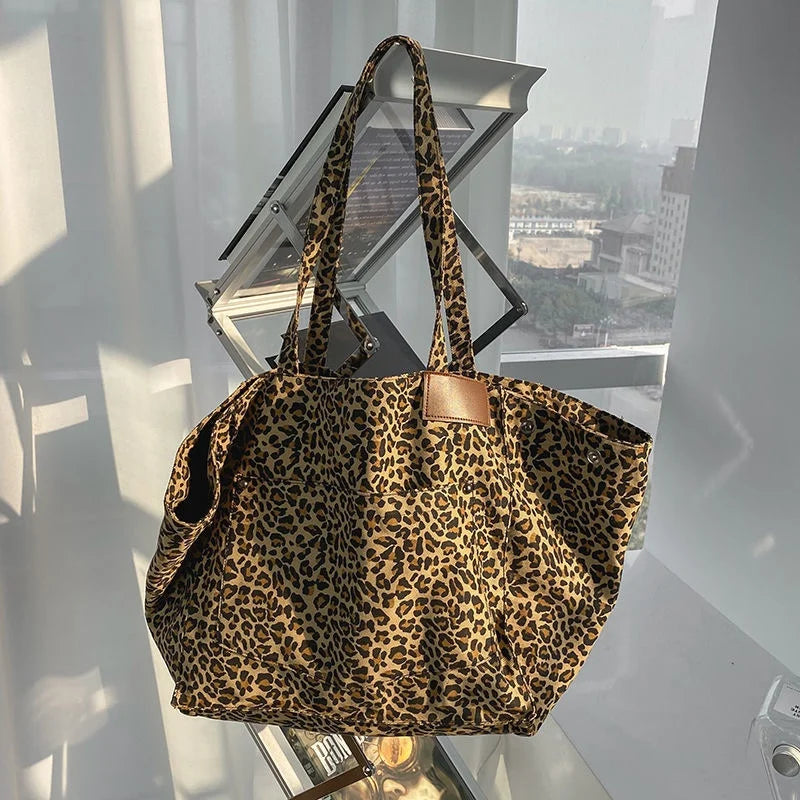 Cyflymder Retro Leopard Shoulder Bag Women Large Capacity Handbag Fashion Female Shopping Tote Bag Travel Street Bag Student Handbag