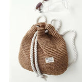 Cyflymder Summer Women Straw Backpack Handmade Beach Bag Drawstring Knapsack Knitted Crocheted Shoulder Bag Travel Bag