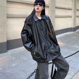 Cyflymder Korean Black Leather Jacket Women Winter Long Women's Moto Biker Zipper Jacket Streetwear Harajuku Y2K Loose Women's Coat
