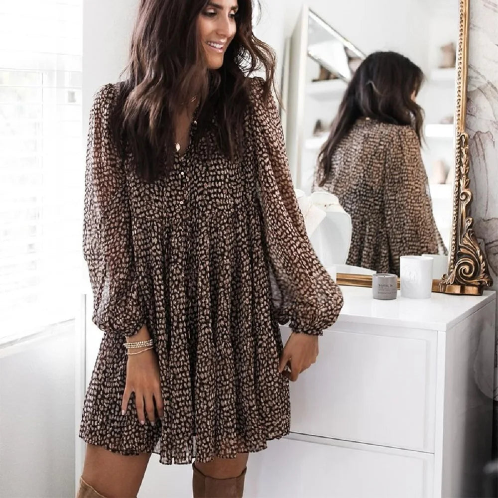 Cyflymder  Lantern Sleeve Dot Print Ruffles Women Dress 2025 Casual V-neck Long Sleeve Button Mini Dress Ladies Elegant Party Dress Vestido