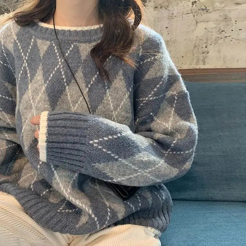 Cyflymder comfy outfits winter Winter Argyle Loose Knitted Sweater Pullovers Sweater Korean College Style Women Jumper