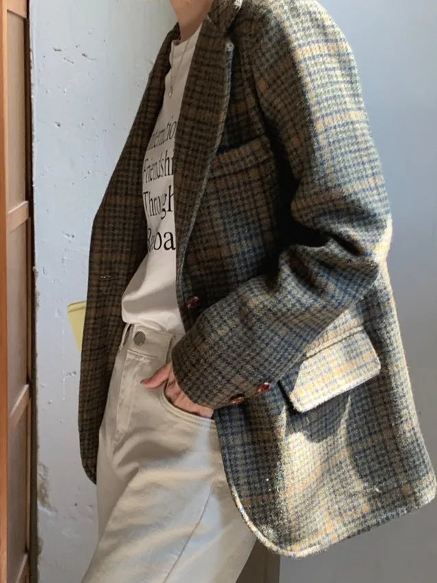 Cyflymder  Retro Briti Sle Plaid Woolen Coat Women's Chic Lapel Single Button Suit Jaet Trendy Mid-Length Long Sve Busin Wear