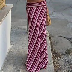 Cyflymder  Women Fashion Stripe Print Holiday Skirt Casual Draped Slim Fit Party Skirts Elegant Hight Waist Spring Summer Long Skirts