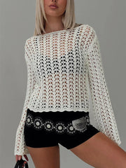 Cyflymder   Knit Hollow Out Sweater Pullover Women Long Sleeve Sexy See Through Crop Tops Autumn New Casual Knitwear Cover Up