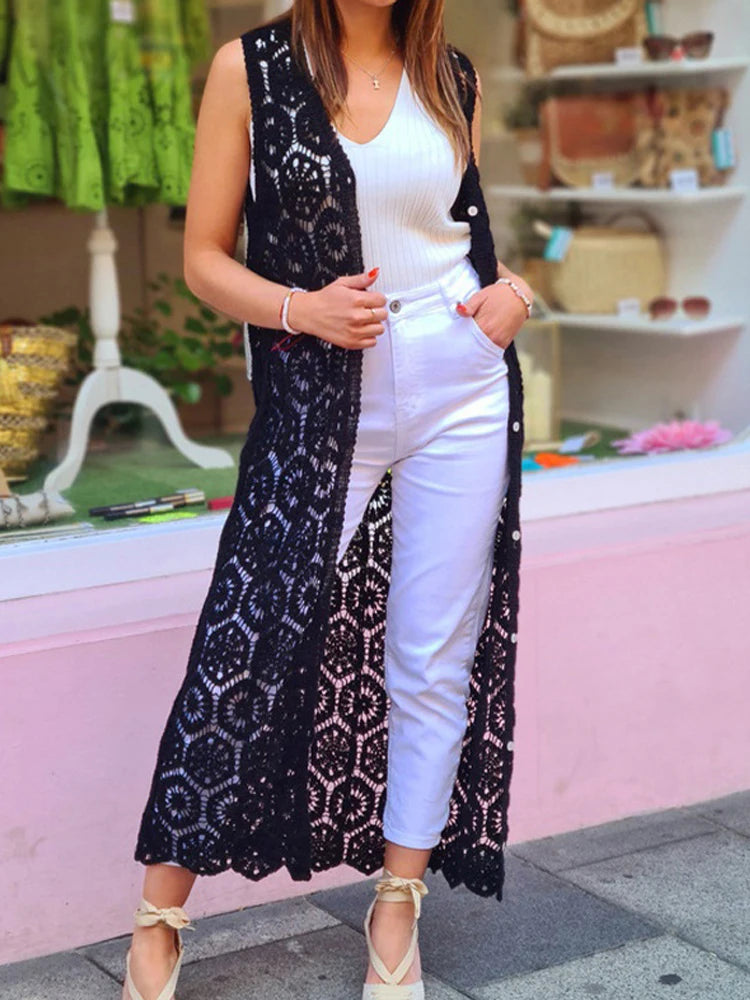 Cyflymder  Loose Single Breasted Sleeveless Outwear Lady Casual Vacation Streetwear Fashion Hook Flower Knitted Hollow Out Long Cardigans