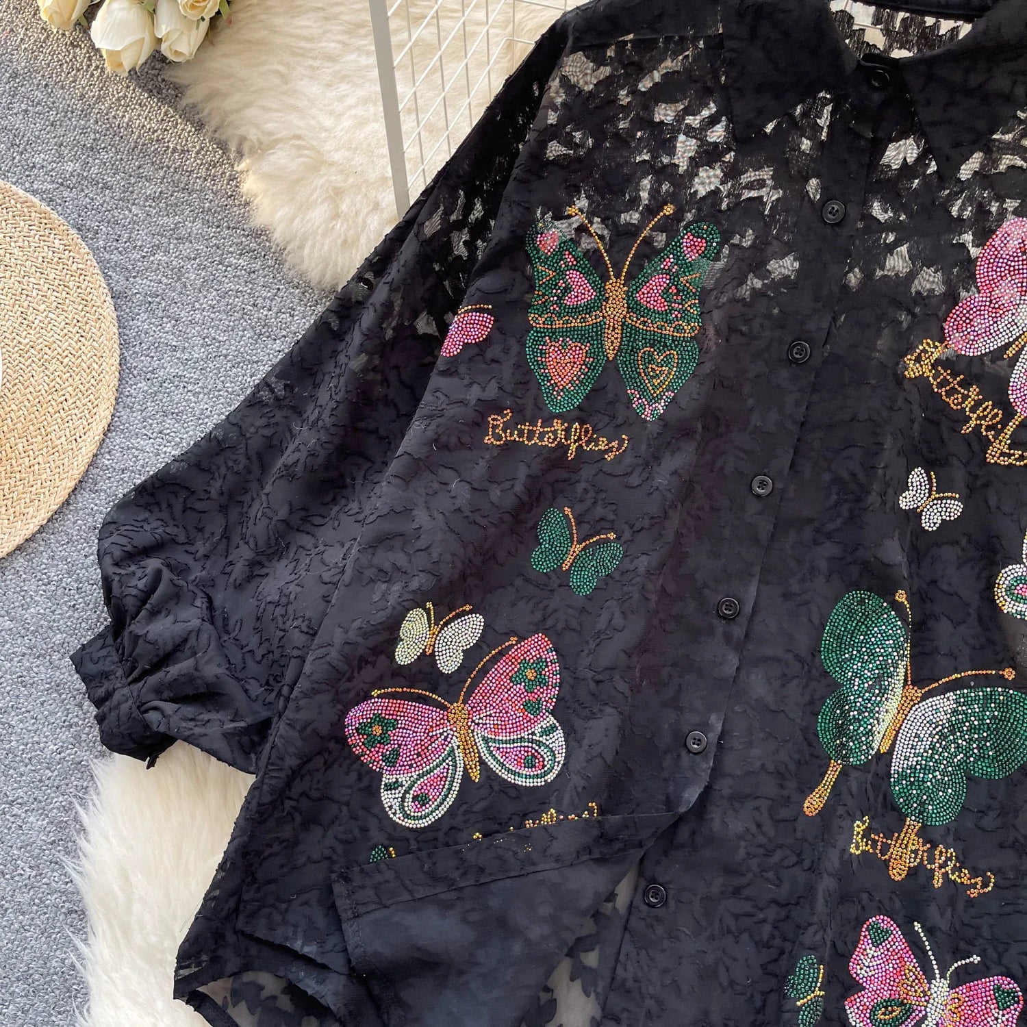 Cyflymder  Ele Vintage Bubble Sve irt Women's Loose Embroidered Me Top Spring Faionable Commute Sle Korean Version