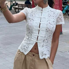 Cyflymder  Y2k Lace Hollow Out Shirts Cardigan Women's Short Sleeve See-Through Patchwork Commute Top Female Summer Lace Blouses