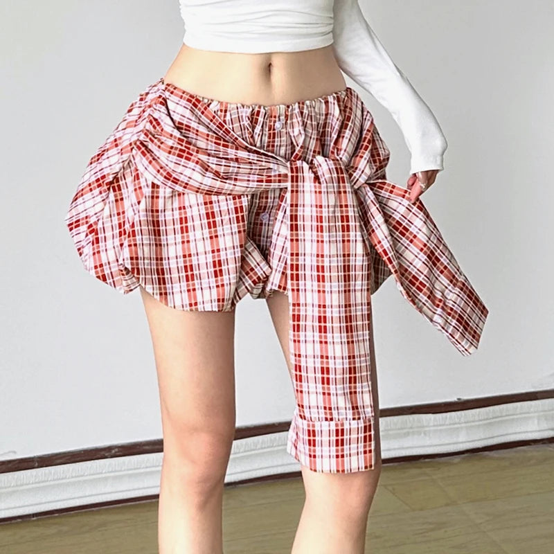 Cyflymder  Plaid Print Bud Skirt Tie-up Waist Single-breasted Decorate A-line Mini Skirts Y2K Aesthetic Low-rise Bottoms Cute Wome