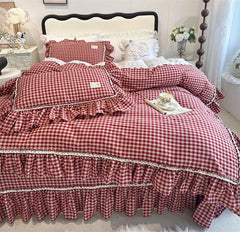 Cyflymder  100% Cotton yarn-dyed Plaid Washed Cotton Ruffles Korean Princess Bedding Set Duvet Cover Quilted Bedspread Pillowcases 4Pcs