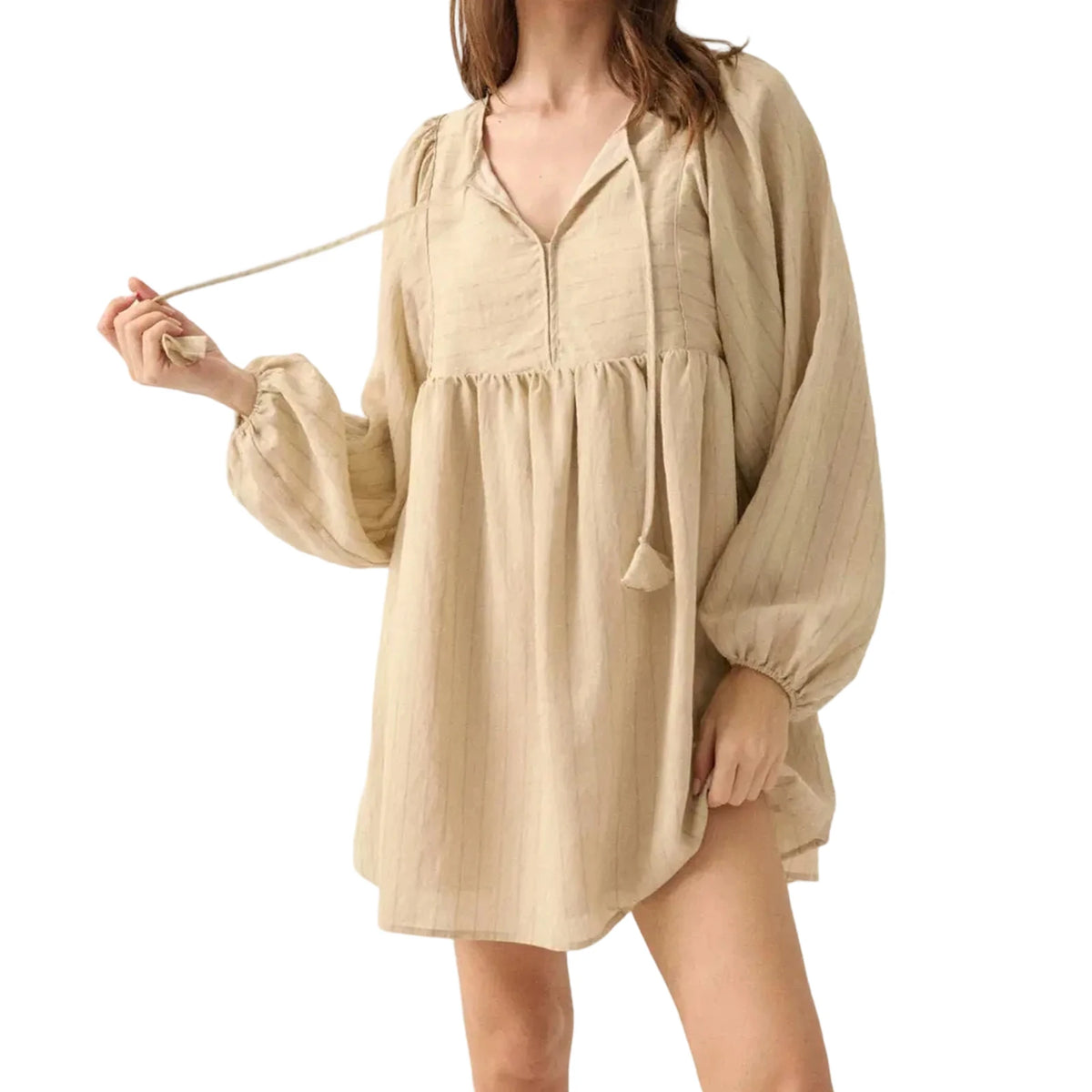 Cyflymder  Women s Long Sleeve V Neck Nightgown Babydoll Sleepwear with Stripes Print Mini Sleep Dress Nighty for a Cozy Night s Rest