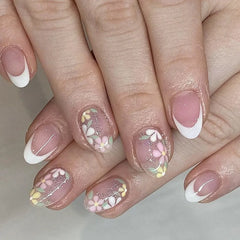 Cyflymder  24Pcs Pink Gradient Tulip Design Full Cover Nails Tips Art Short Round Head Fake Nails Reusable Artificial Press on False Nails