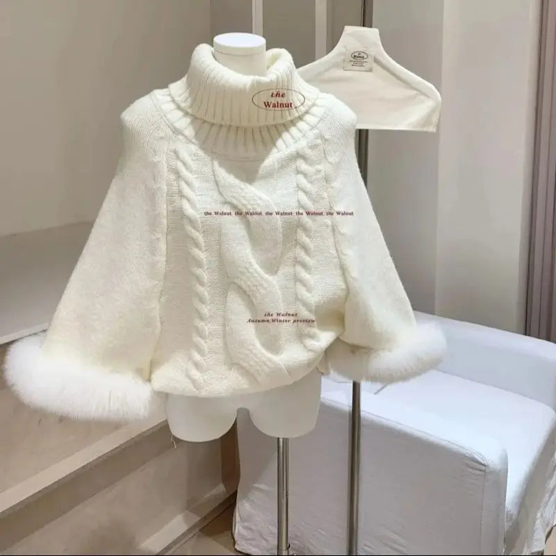 Cyflymder  Autumn Elegant Batwing Sleeve Sweater Women Turtleneck  Knitted  Pullovers Chic Tops Fashion Fur Patchwork Knitted Jumpers 630A