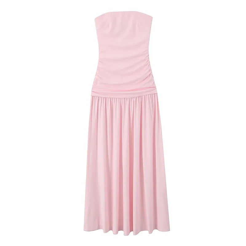 Cyflymder  Elegant Ruched Strapless Dress Women Sexy Pastel Pink Off Shoulder Side Zipper Midi Dress 2025 New Summer Party Evening Dresses