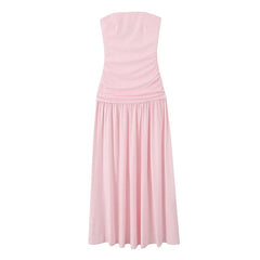 Cyflymder  Elegant Ruched Strapless Dress Women Sexy Pastel Pink Off Shoulder Side Zipper Midi Dress 2025 New Summer Party Evening Dresses
