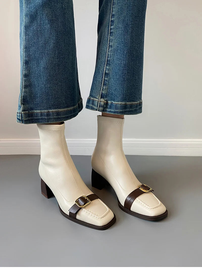 Cyflymder  Vintage Thick Heel Woman Ankle Boot Fashion Belt Buckle Ladies Elastic Slim Short Booties Autumn Winter Women's Shoes
