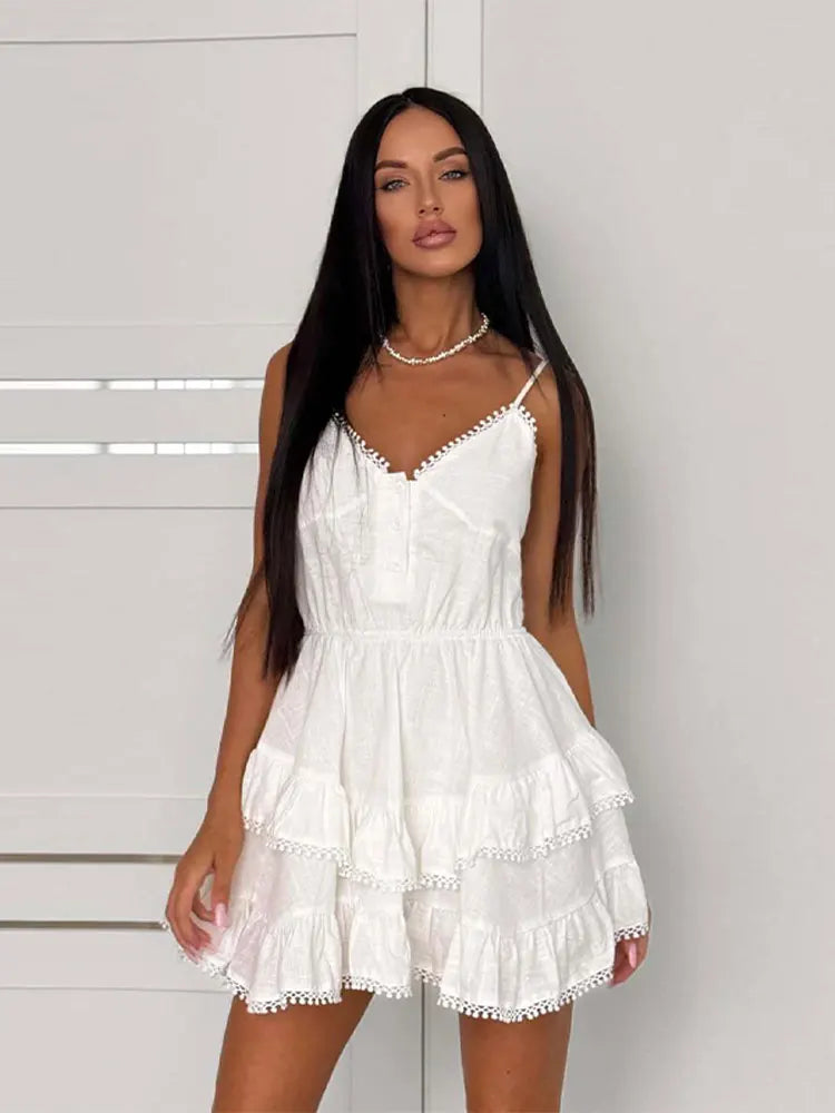 Cyflymder  Sexy Multi-layer Ruffles Backless Puffy Dress Women Sleeveless High Waist Strap A-line Solid Dresses 2025 Summer Street Vacation