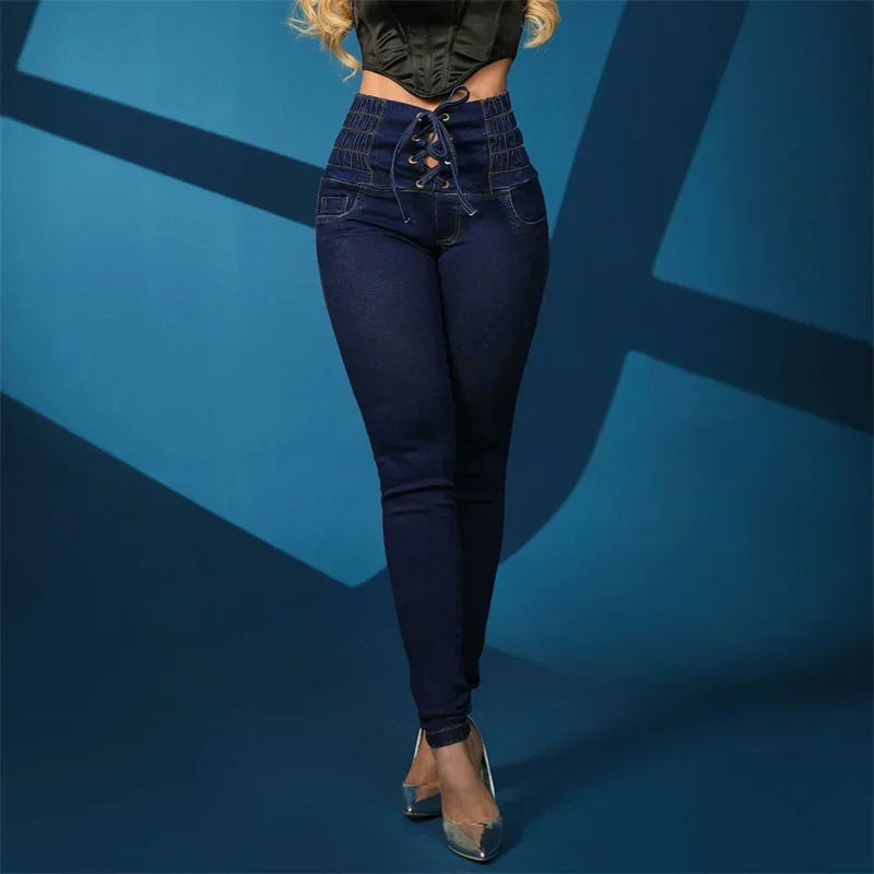 Cyflymder  Fashion New Stretch High Waist Lace-up Pencil Jeans Women Slim Lift Hip Denim Pants Female Comfortable Casual Commuter Trousers
