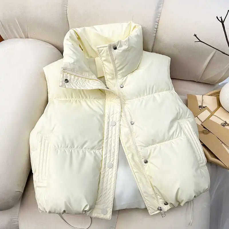 Cyflymder WINTER OUTFITS Women Casual Solid Warm Sleeveless Vest Coat Mock Neck PU Thicken Jacket Button Up Loose Women Down Jacket Autumn Winter