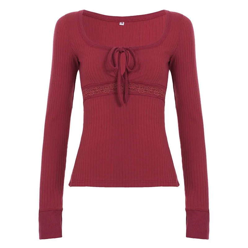 Cyflymder  Sweet All Match Solid Square Collar Long Sleeve Lace Patchwork Slim T-Shirts