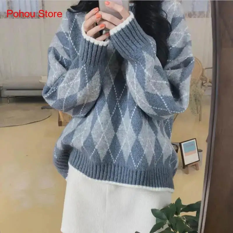 Cyflymder comfy outfits winter Winter Argyle Loose Knitted Sweater Pullovers Sweater Korean College Style Women Jumper