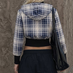 Cyflymder  Women Plaid Cropped Zip Up Knitted Hooded Jacket Long Sleeve Stand Collar Color Block Ribbed Hem Y2K Casual Short Outerwear