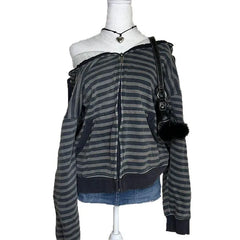 Cyflymder  Vintage Sexy Spice Girl Off The Shoulder Zip Up Sweatshirt Y2k Niche Loose Striped Fashion Autumn Sweet Cool Coats Punk Lazy Top