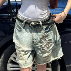 Cyflymder   Fashion Women Ripped Raw Hem Retro Jeans Shorts  Summer Five-Pocket Denim Shorts Chic Straight Legged Pants Streetwear