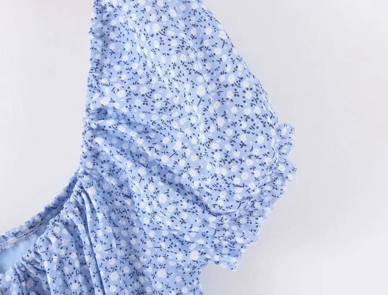 Cyflymder  Retro Blue Floral Print  Dr Sweet Front Bow Large Collar ort Sve Waist Cinched Street Sle Summer Dr for Women