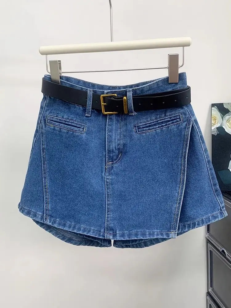 Cyflymder   Irregular Denim Skirt Women Summer New High-waisted and Thin Anti-light A-word Hip-wrapped Short Skirt Culottes