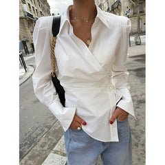Cyflymder  Women Elegant White Shirt Fashion Long Sleeve Blouse Irregular Office Top with Chic Buttons Slim Fit Ladies Casual Tops