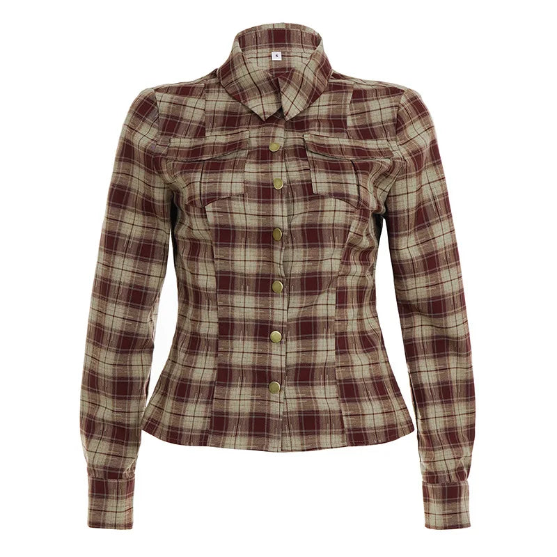 Cyflymder  Y2k  American Retro Sexy Slim Plaid Streetwear Single Breasted All Match Pockets Women Shirt