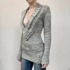 Cyflymder  Japanese Temperament Vintag Ev Neck Long Sleeve Women Sweaters Y2k Aesthetic Personality Buttons Clothes Punk Lazy Slim Pullover