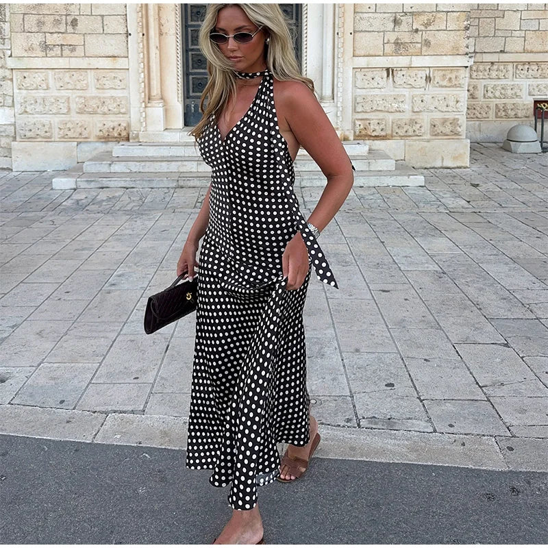 Cyflymder  Polka Dot Halter Backless Long Dress Women Off Shoulder V-neck Scarf Sexy Sleeveless Dresses 2025 Summer Street Holiday Robe