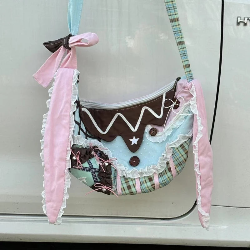 Cyflymder  Harajuku Y2k Aesthetic Ins Underarm Bag Women Contrast Color Plaid Rabbit Ear Canvas Bag Grunge Patchwork Lace Shoulder Handbags