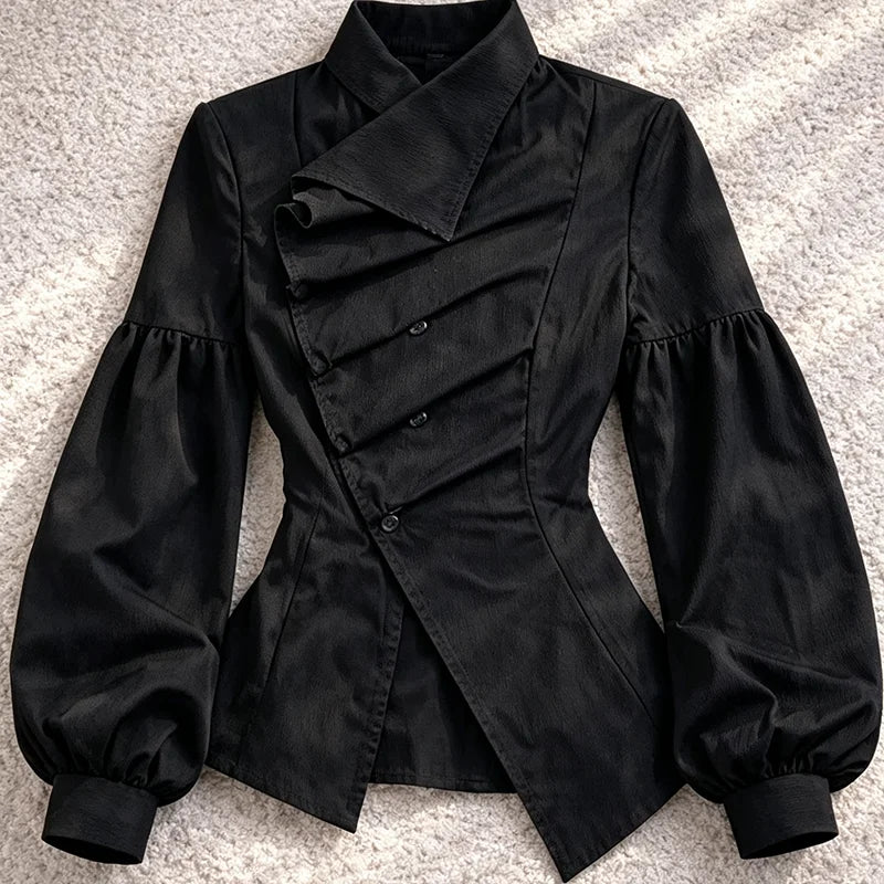 Cyflymder  Retro Dark Gothic Women's Collar Shirt Lantern Bubble Long Sleeve Harajuku Diagonal Button Fold Waist Y2K Street Top Harajuku