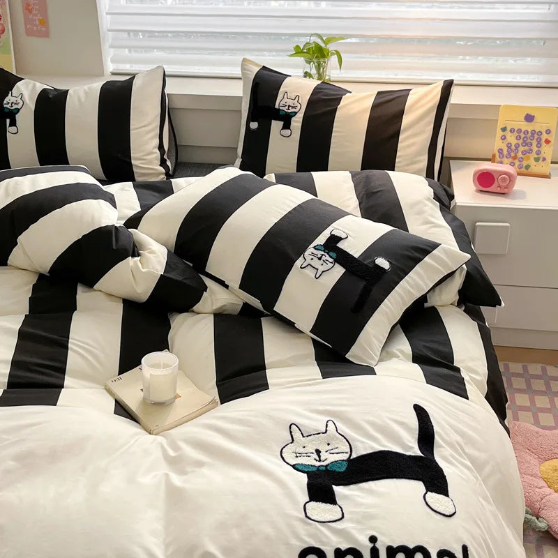 Cyflymder  Pure Cotton Cat Embroidery Stripes Bedding Sets Cartoon Skin Friendly Quilt Set for Dormitory Home Single Queen Size Bedclothes