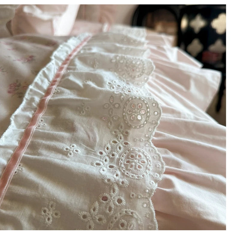 Cyflymder  Pink Floral Double Layer Lace Ruffles 100% Cotton Bedding Set Duvet Cover Set Bed Sheet/Bed Skirt/Fitted Sheet Pillowcases 4Pcs